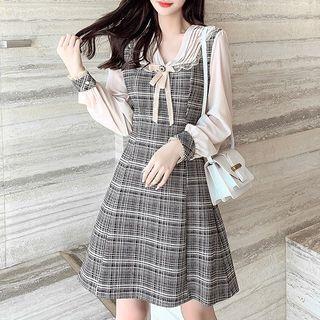 Long-sleeve Sailor Collar Plaid A-line Dress