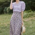 Set: Eyelet Lace Short-sleeve Blouse + Flower Print Midi A-line Skirt