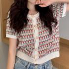 Short-sleeve Patterned Cardigan Red Flower - White - One Size