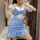 Puff-sleeve Shirt / Flora Print Cropped Camisole Top / Mini A-line Skirt