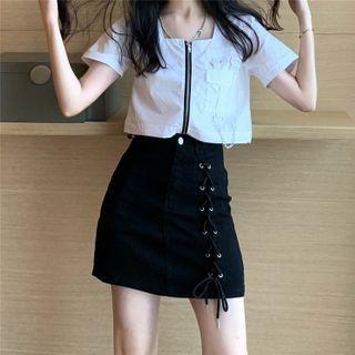 Pocket Detail Short-sleeve Blouse / Lace Up Mini Denim Skirt