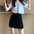 Pocket Detail Short-sleeve Blouse / Lace Up Mini Denim Skirt