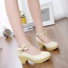 Bow Ankle-strap Low-heel Pumps