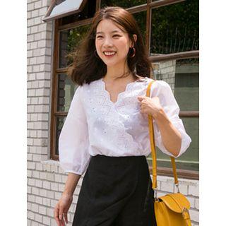 Scallop-trim Puff-sleeve Openwork Blouse