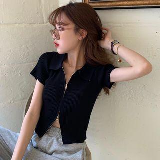 Short-sleeve Ribbed Zip Polo Knit Top