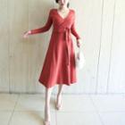 Set: V-neck Long-sleeve Knit Top + High Waist A-line Knit Skirt