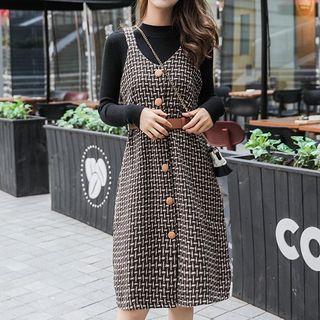 Set: Mock-neck Knit Top + Patterned Strappy A-line Dress