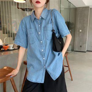 Denim Short-sleeve Shirt Blue - One Size