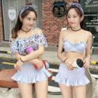 Set: Plain Bikini + Printed Off Shoulder Short Sleeve Top