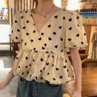 Puff-sleeve V-neck Heart Print Flowy Blouse Off-white & Black - One Size