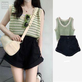 Striped Pointelle-knit Tank Top / Denim Shorts