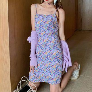 Spaghetti Strap Floral Print Mini Sheath Dress Purple - One Size