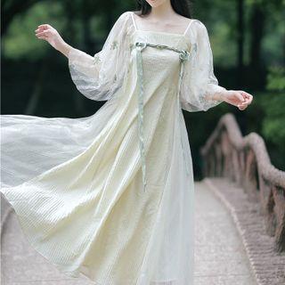 3/4-sleeve Embroidered Lace Midi A-line Dress