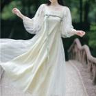 3/4-sleeve Embroidered Lace Midi A-line Dress