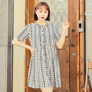 Mandarin-collar Pattern Shirtdress