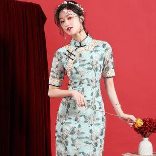 Short-sleeve Floral Slit Midi Qipao
