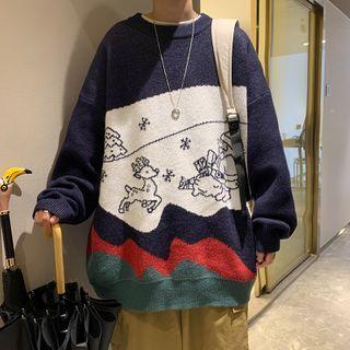 Reindeer Print Color Block Sweater