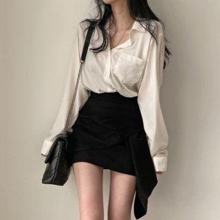 Long-sleeve Plain Shirt / Asymmetrical Mini Fitted Skirt