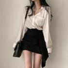Long-sleeve Plain Shirt / Asymmetrical Mini Fitted Skirt