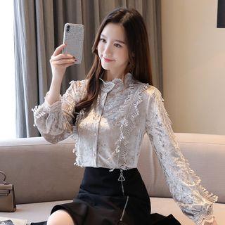 Fleece Lined Lace Panel Velvet Blouse