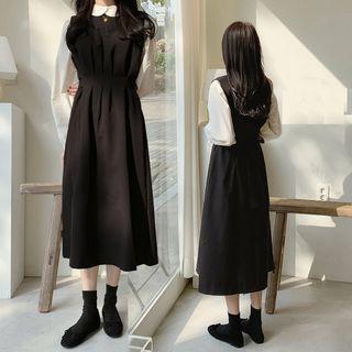 Floral Printed Blouse / Tie Accent Plain Shirt / Sleeveless Pleated Dress