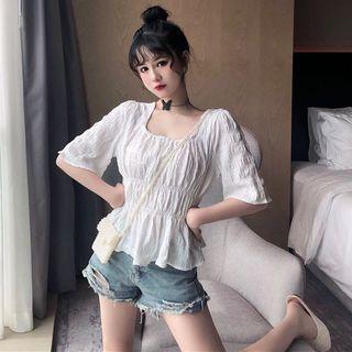 Plain Elbow-sleeve Frilled Blouse