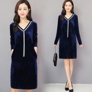 Long-sleeve Velvet Shift Dress