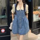 Short-sleeve Lace Trim Blouse / Washed Denim Mini Overall Dress