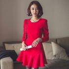 Long-sleeve Plain A-line Dress