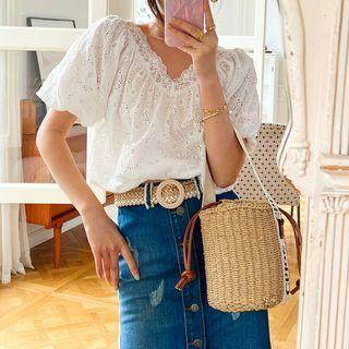 Short-sleeve Lace Blouse / Denim Midi Skirt / Set