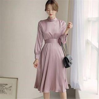 Tie-neck Shirred Satin Dress