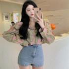 Long-sleeve Floral Print Cropped Blouse As Figure - One Size