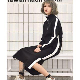 Long-sleeve Contrast Trim Midi Dress