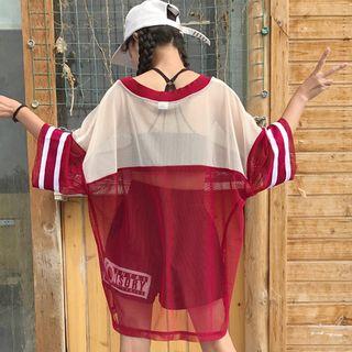 V-neck Mesh Long-sleeve Top