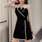 Set: Lace Panel Long-sleeve Mini A-line Dress + Shorts