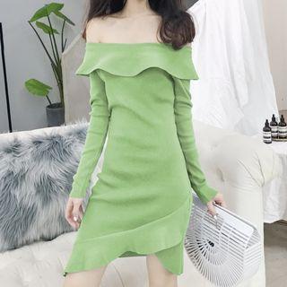 Off-shoulder Ruffle Long-sleeve Knit Sheath Dress