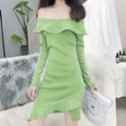 Off-shoulder Ruffle Long-sleeve Knit Sheath Dress