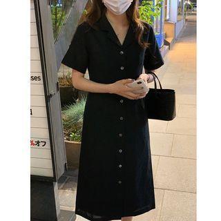 Plain Midi A-line Shirt Dress Black - One Size