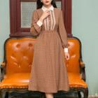 Lace Trim Collared Long-sleeve A-line Dress