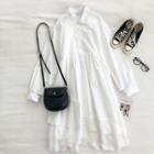 Asymmetric Plain Lace-trim Long-sleeve Dress White - One Size