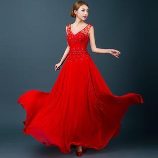 Sleeveless Flower Lace A-line Evening Gown