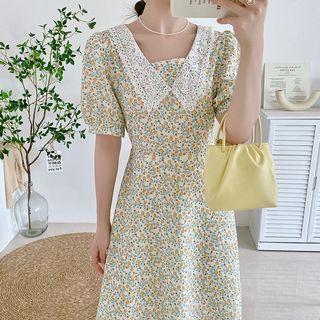 Short-sleeve Lace Collar Floral A-line Midi Dress