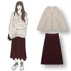 Collared Cardigan / Midi Knit Pleated Skirt