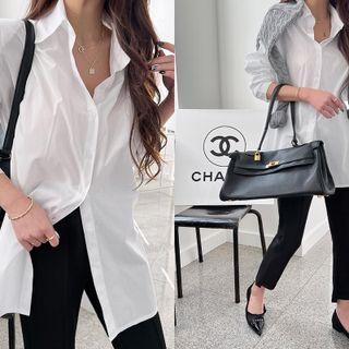 Padded-shoulder Plain Shirt White - One Size