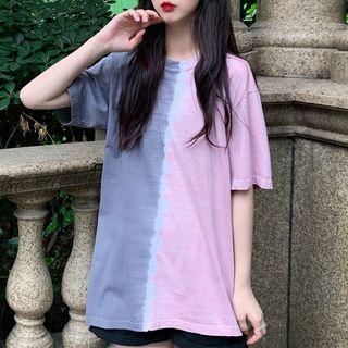 Elbow-sleeve Color Block Tie Dye T-shirt