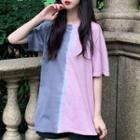 Elbow-sleeve Color Block Tie Dye T-shirt