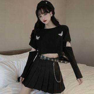Butterfly Print Long-sleeve T-shirt / Set Of 2 : Butterfly Print Long-sleeve T-shirt + Accordion Pleat Skirt / Set Of 3 : Butterfly Print Long-sleeve T-shirt + Accordion Pleat Skirt With Belt