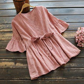 Elbow-sleeve Embroidered Tie-waist Top