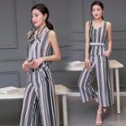Set: Striped Tank Top + Striped Wide Leg Pants + Slim Sacrf