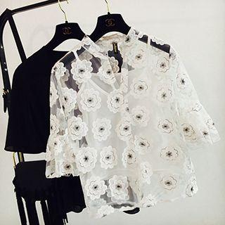 Embroidered Elbow-sleeve Chiffon Top